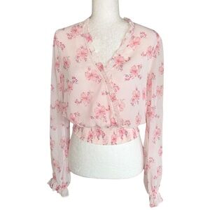 JOIE Pink Bow Floral Print Chiffon Ruffled Faux Wrap Smocked Cropped Blouse - S